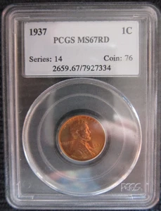 1937 PCGS MS67 Red - Lincoln Cent with Wheat Reverse 1c penny beautiful example - Picture 1 of 5