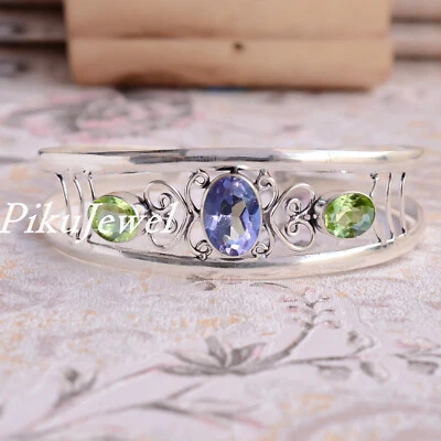 Faceted Peridot & Amethyst Cut Gemstone 925 Sterling Silver Bangle Cuff For Him - Image 1 of 4
