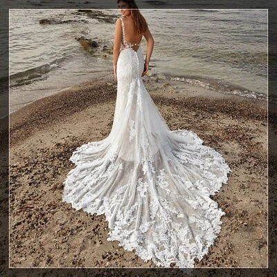 Sexy Brautkleid Hochzeitskleid Träger Spitze schöner Illusion Rücken Summer Weiß - Bild 1 von 4