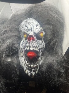 Halloween Skull Mask Attached Wild Hair & Open Mouth W/ Red Tongue Costume. B2 - Picture 1 of 4