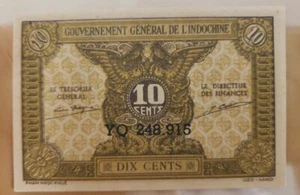 Billete de banco francés Indochina 10 centavos YQ 1942 raro sin circular - Imagen 1 de 2