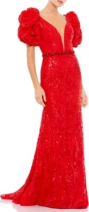 MAC DUGGAL Size 4 Red Lace Embroidered Puff Sleeve A-Line Gown  $798 - Picture 1 of 10
