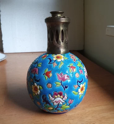 ANTIQUE 1890s FRENCH FAIENCE CERAMIC SIGNED LONGWY PERFUME LAMP WITH BRASS TOP - Image 1 of 4