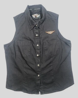 Harley-Davidson Vest Button Front Sleeveless Black Denim Embroidered Women's L - Image 1 of 4
