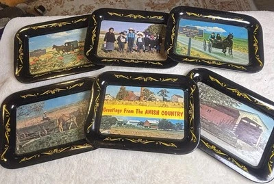 6 VTG Tin Litho Tole Trays Amish Country Images ~ Greetings From Amish Country - Image 1 of 4