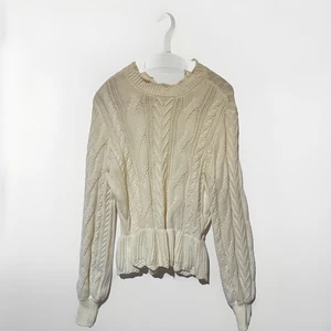 Draper James RSVP Women's M Ivory Ruffled Scallop Hem Cable Knit Cottage Sweater - Picture 1 of 4