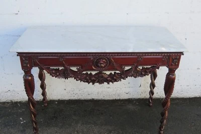 Heavy Carved Lion Head Mahogany Marble Top Console Entry Table 5606 - Image 1 of 4