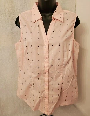 Basic Editions Womens Shirt Top Blouse Size M Medium Pink Blue Anchor NEW - Image 1 of 4