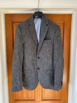 H&M Moon Fabric Wool Tweed Grey Herringbone Blazer Jacket 34 R Elbow Patches - Image 1 of 4