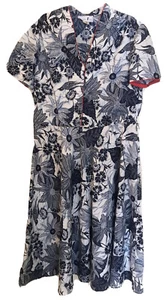 Leslie Fay Women 14 16 Vintage 1960s Dress Fit Flare A-line Blue Floral Red Trim - Picture 1 of 11
