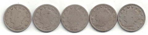 1899, 1903, 1905, 1911, and 1912 Liberty Head Nickels in Circulated Condition ~ Cover