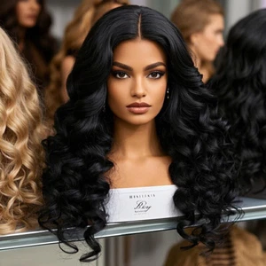 Lange schwarze tief lockige 100% Echthaar Lace Front Perücken lockig vorgezupft Remy Perücke - Bild 1 von 6