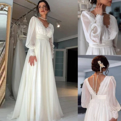 Beach Chiffon Wedding Dresses Long Sleeves V Neck Beach Backless Bridal Gowns - Image 1 of 4