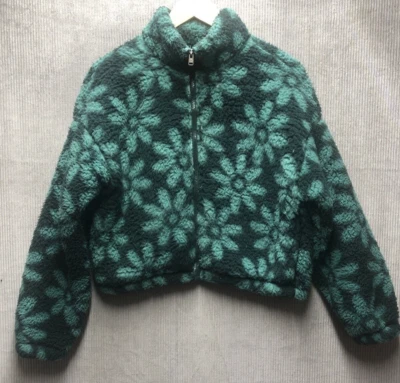 Hollister Womens Fleece Jacket Size Small Green Flower Full Zip Fluffy Cozy - Image 1 of 4