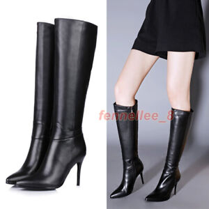Women Pointed Toe Stiletto Knee High Boot Faux Leather High Heel Zip Boots Shoes