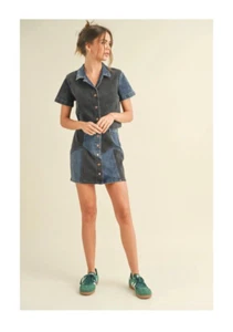 MIOU MUSE Women's Small Denim Color Block Short Sleeve Top Button Down New Black - Picture 1 of 22