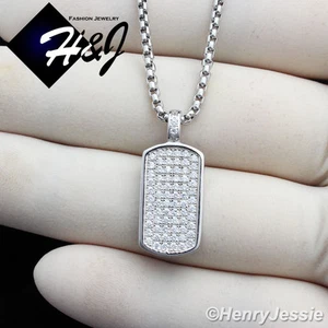 MEN 925 STERLING SILVER ICY BLING CZ DOG TAG PENDANT*SP56 WITH FREE 24"CHAIN - Picture 1 of 8