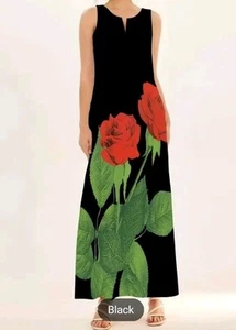 NEW ROSE PRINT BLACK MAXI CAFTAN V NECK W/POCKETS SLEEVELESS DRESS MED - Picture 1 of 8