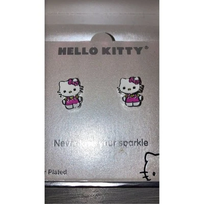 Aretes de latón enchapados en plata fina de Hello Kitty blancos y rosas Foto 1 de 4