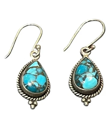 YS Sterling Silver 925 Turquoise Teardrop Dangle PIerced Earrings India - Image 1 of 3