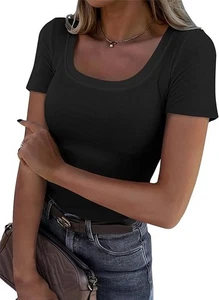 Damen Rippstrick T-Shirt | Rundhals Kurzarm Slim Fit Oberteil - Bild 1 von 28
