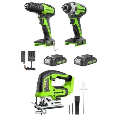 Greenworks 24V Drill Impact Driver and Jig Saw 3Pcs Combo Kit w/ 2x2Ah Battery - Image 1 of 4