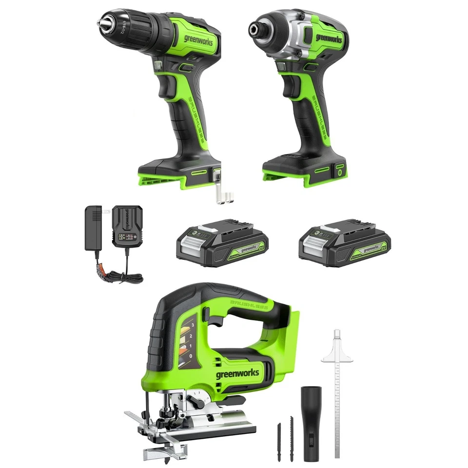 Greenworks 24V Drill Impact Driver and Jig Saw 3Pcs Combo Kit w/ 2x2Ah Battery - Image 1 of 4