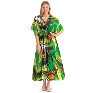 Tropical Butterfly Drawstring V-Neck Caftan - Picture 1 of 2