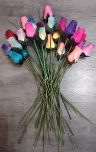 2 Dozen - 24 Mixed Colors Wooden Rose Buds Flower Bouquet - Picture 1 of 7