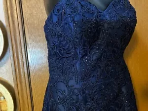 Camille La Vie Prom Dress Beaded chiffon/satin layered skirt Navy Size 4 NWT - Picture 1 of 14