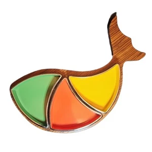 Teak Fish Tray With Stackable Melamine Serving Bowls JAPAN - Picture 1 of 7