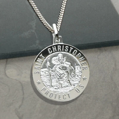 Sterling Silver 18mm St Christopher 3D Pendant With Chain & Engraving Options - Image 1 of 4