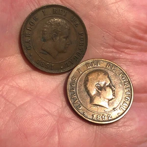 Set of 2 Portugal 20 Reis Coins - 1891/1892 - VF/F - Picture 1 of 6