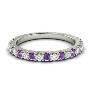 0.72 Ct Natural Round Amethyst & Diamond Engagement Eternity Band 14k White Gold - Picture 1 of 9