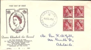 Australia 1953 QEII 3 1/2d Red Haslem FDC Block of 4 - Picture 1 of 2