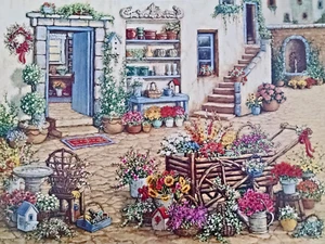 Flower Print Titled Courtyard Flower Shoppe Potted Plants Flower Pots Vintage Lo - Picture 1 of 3