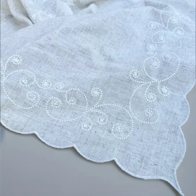 Embroidered Tablecloth Linen 68x52 Minimalist Scallop Lenox Easter Neutral Boho - Image 1 of 4
