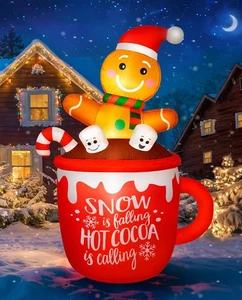 6FT Christmas Inflatables Decoration Outdoor, Cute Gingerbread Man in Hot Coc... - Bild 1 von 6