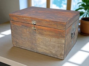 Antique Wooden Large Merchants Cash Chest Storage Box Original Old Hand Crafted - Picture 1 of 8