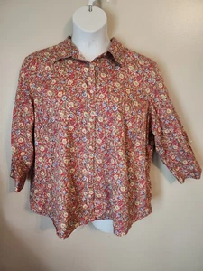 Chaps No Iron Red Floral Print 3/4 Sleeve Button Up Top Shirt 3X - Picture 1 of 6