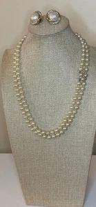 VTG CINER 2 Strand Glass Pearl Necklace, glass Pearl N Rhinestone Earrings -24” - Picture 1 of 12