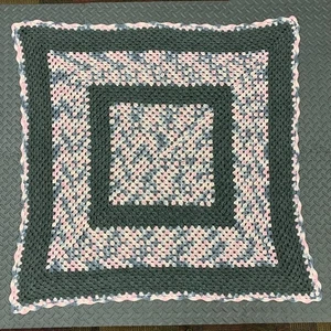 Vtg Hand Crochet Throw Knit Afghan Pink Grey White 42" Square Scalloped Edge - Picture 1 of 7