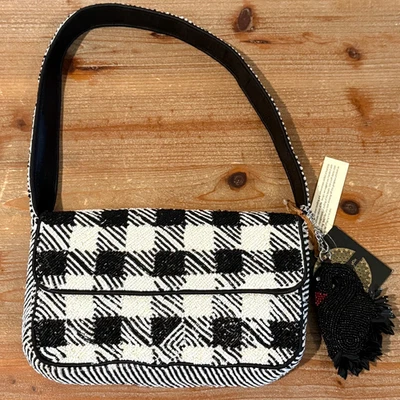 Nuevo Bolso a Cuadros con Cuentas Negro Blanco Cartera Cisne Dije Hecho en India Nuevo con Etiquetas Foto 1 de 4