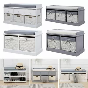 Hallway Storage Bench Cushioned 2-3 Seater Bench with Rattan Baskets Window Seat - Picture 1 of 18