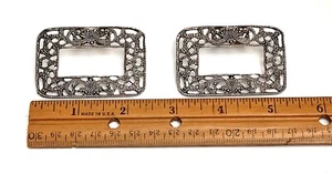 Pair Vintage Shoe Clips Silver Tone Soft Pewter Metal Ornate Filigree Rectangle - Picture 1 of 10