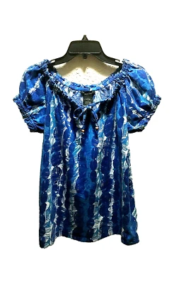 Pullover Grace Elements Mediano Top Azul Geo Estampado Algodón Tejido Manga Corta Abullonada Foto 1 de 4