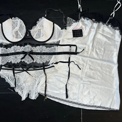 Victoria's Secret CONJUNTO SUJETADOR 34DDD sin forro + liga + braguita S + DESLIZABLE negro BLANCO terciopelo Foto 1 de 4
