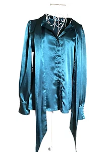 Rise Shirt Women Small Blouse Satin Emerald Green Quotient - Picture 1 of 8