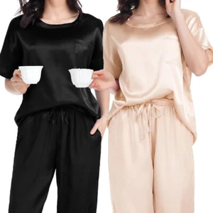 Womens Silk Pajamas Short Sleeve Sleepwear Soft Satin Loungewear Pjs Set Wear - Picture 1 of 16
