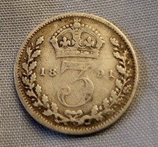 SOLID SILVER COIN Three pence 1891 Victorian Antique Great Britain Royal Mint UK
